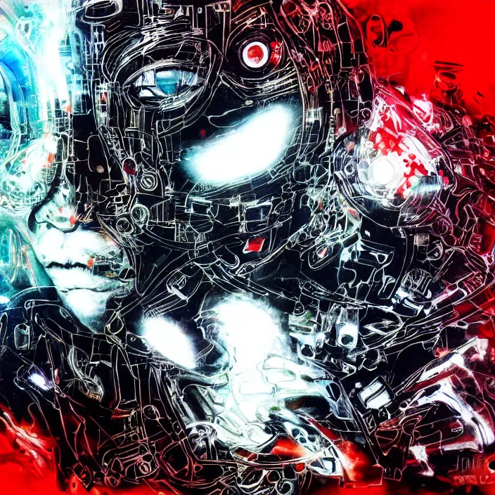 Image similar to cyborg with glowing red eyes, clouds, lasers, painting by greg ruthowski, yoshikata amano, yoji shinkawa, alphonse murac, collaborative artwork, beautifully drawn, heavily detailed