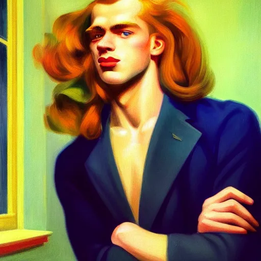 Prompt: A beautiful close-up of a young blond German man with very long curly hair, dressed like in the 1940s, digital art by Edward Hopper, vibrant color scheme, highly detailed, in the style of romanticism, fine Art, high detail, great lighting, 8k resolution, masterpiece, concept art, illustration, clear eyes, soft lighting, soft details, painting oil on canvas, octane render, HDR, trending on artstation, 4k, 8k, HD