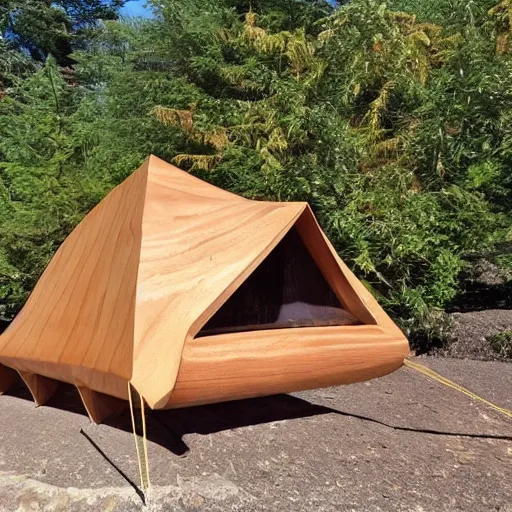 Image similar to wooden sculpture of a tent and a huge salmon, polished maple, thoughtful, elegant, real