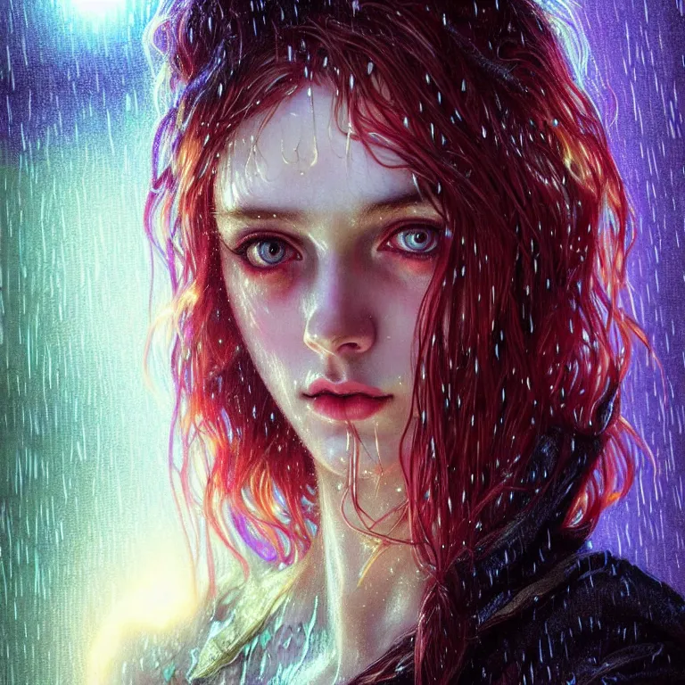 Image similar to bright asthetic portrait LSD glowing backlit rain on face and wet hair, fantasy, intricate, elegant, dramatic lighting, highly detailed, lifelike, photorealistic, digital painting, artstation, illustration, concept art, smooth, sharp focus, art by John Collier and Albert Aublet and Krenz Cushart and Artem Demura and Alphonse Mucha