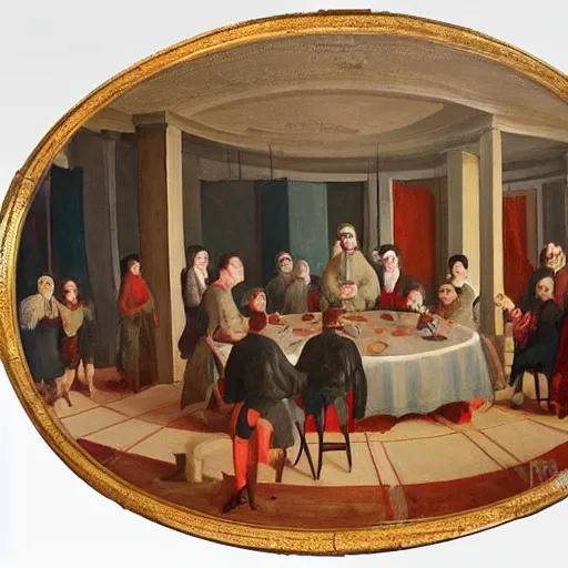 Image similar to A beautiful painting of a group of people standing around a circular table. In the center of the table is a large, open book. The people in the painting are looking at the book with interest and appear to be discussing its contents. oil and canvas, cyberpunk, avant garde by Jean Fouquet 8k
