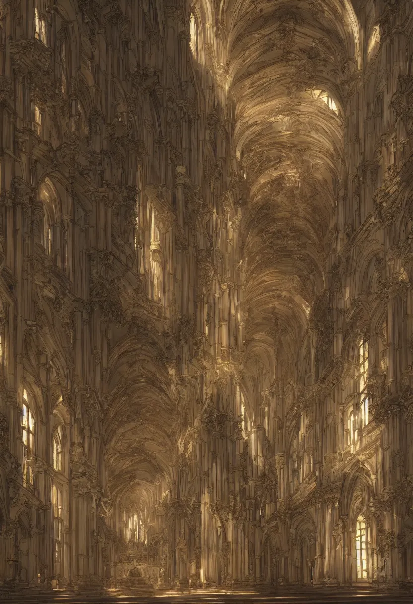 Prompt: nave of gigantic baroque cathdral, sunrays, artstation