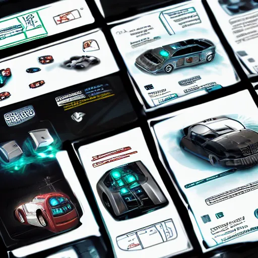 Prompt: car engine, car parts concept, card, comic page, system shock, ui card, Octane render