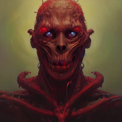 Prompt: character concept art portrait of a horror creature, depth of field background, artstation, award - winning realistic sci - fi concept art by jim burns and greg rutkowski, beksinski, a concept art masterpiece, red color palette, james gilleard, bruegel, alphonse mucha, and yoshitaka amano.