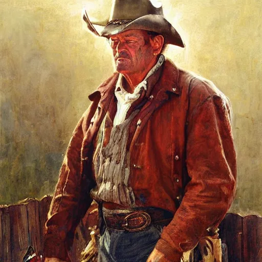 Image similar to Solomon Joseph Solomon and Richard Schmid and Jeremy Lipking victorian genre painting portrait painting of John Wayne a old rugged cowboys gunfighter old west character in fantasy costume, red background