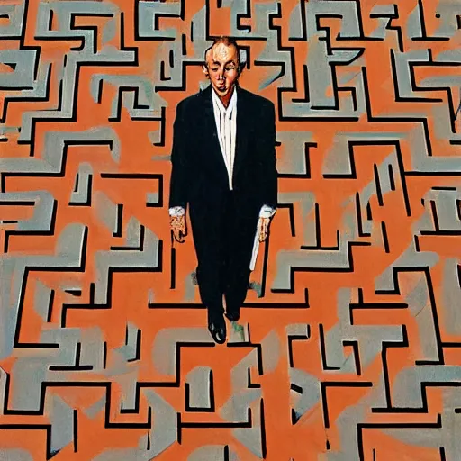 Prompt: A suited man standing in the middle of a head-shaped maze, overhead shot, wide shot, painting, stylistic, art by Norman Rockwell