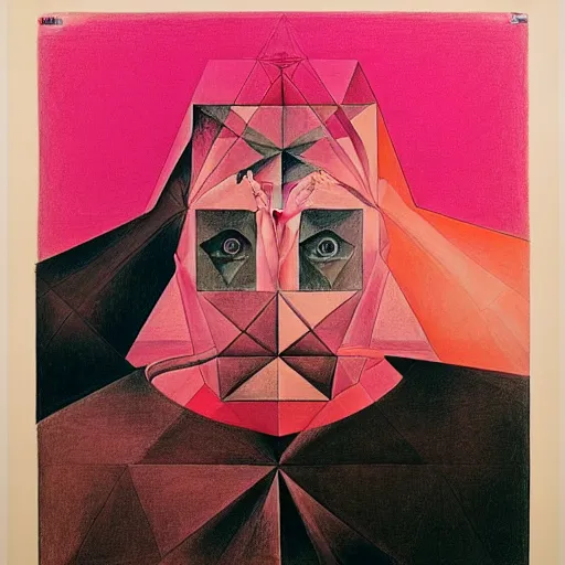 Image similar to pink and orange lithography on paper conceptual figurative ( post - morden ) monumental dynamic portrait drawn by ( ( ( william blake ) ) ) and goya and hogarth, inspired by escher, illusion surreal art, highly conceptual figurative art, intricate detailed illustration, controversial poster art, polish poster art, geometrical drawings, no blur