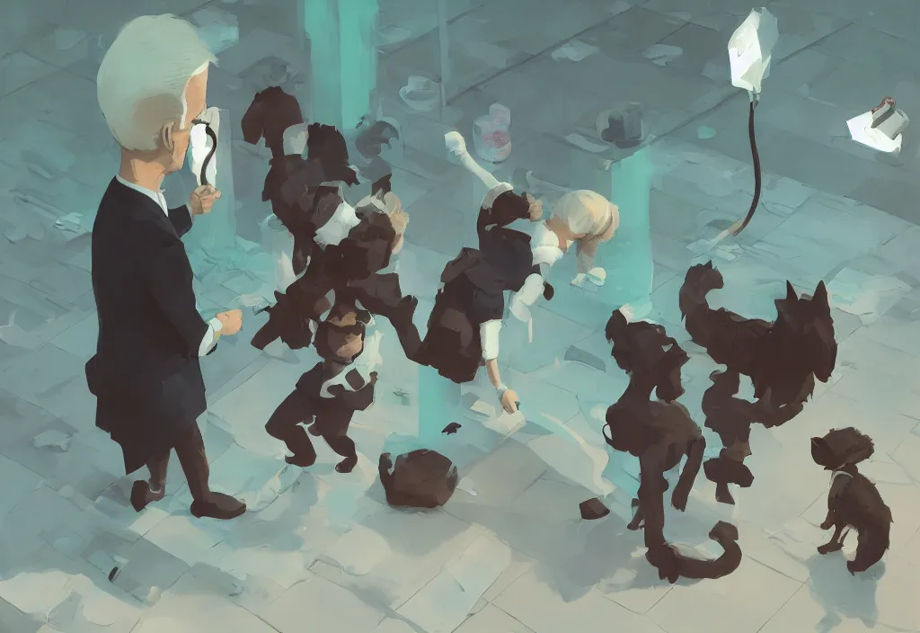 Image similar to joe biden shake hand with cute catgirl, epic debates, presidental elections candidates, cnn, fox news, fantasy, by atey ghailan, by greg rutkowski, by greg tocchini, by james gilleard, by joe gb fenton, dynamic lighting, gradient light green, brown, blonde cream, salad and white colors in scheme, grunge aesthetic