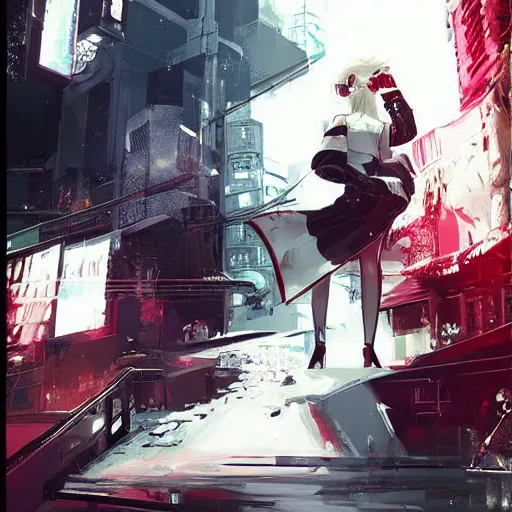 Image similar to luxury advertisement, white and red colors. highly detailed post-cyberpunk sci-fi close-up schoolirl in asian city in style of cytus and deemo, mysterious vibes, by Ilya Kuvshinov, by Greg Tocchini, nier:automata, set in half-life 2, beautiful with eerie vibes, very inspirational, very stylish, surrealistic, perfect digital art, mystical journey in strange world, bastion game