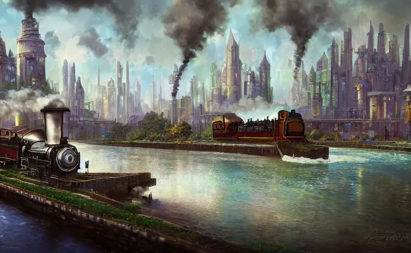 Prompt: A steam locomotive rides along of a waterway on a fantasy city. Fantasy and concept art, colorful digital painting, unreal engine.