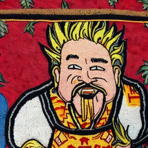 Prompt: Medieval Tapestry artwork of Guy Fieri wearing a hawaiian shirt, cloth texture, highly detailed and intricate