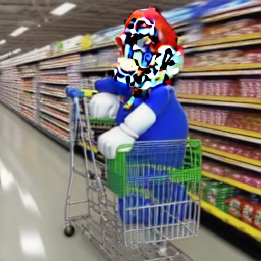 Image similar to photo of Super Mario pushing a shopping cart in Walmart