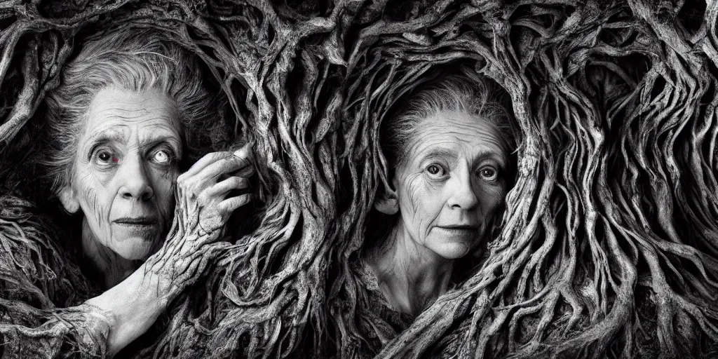 Prompt: photography of old ugly witch living in a root cave, edelweiss growing from her head, forest, dolomites, alpine, detailed intricate insanely detailed octane render, 8k artistic 1920s photography, photorealistic, black and white, chiaroscuro, hd, by David Cronenberg, Raphael, Caravaggio