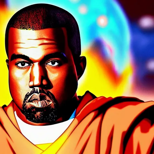 Prompt: still of kanye west in dragon ball z, anime, 8 k, 4 k, masterpiece, trending on artstation