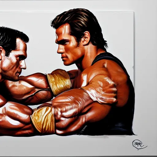 Prompt: henry cavill arm wrestling arnold schwarzenegger, painting, 4 k, sharp focus