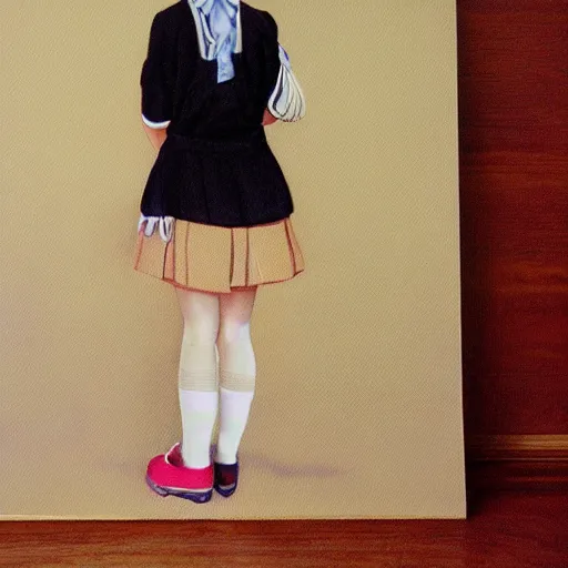 Image similar to a painting of Japanese schoolgirl, clothed, kodak portra and instagram