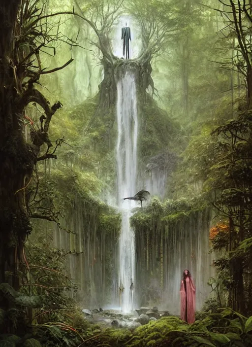 Image similar to a hyper realistic architectural witch shrine under a waterfall in the woods, gorgeous lighting, lush forest foliage, painting by chiara bautista and tom bagshaw, muca beksinski and norman rockwell and greg rutkowski weta studio, and lucasfilm