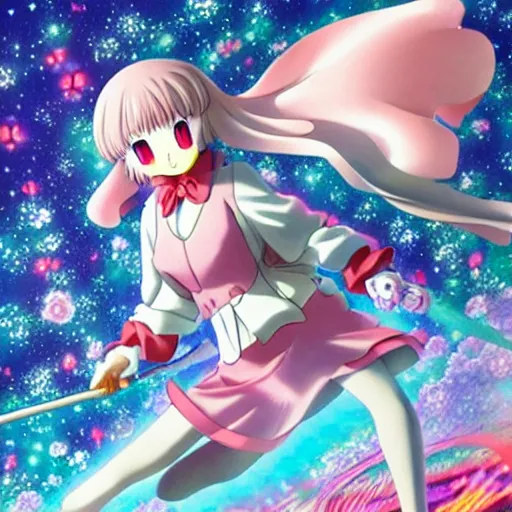 Image similar to kirby morphed into girl, kyoto animation, kentaro miura, hirohiko araki, junji ito, sui ishida, go nagai, eiichiro oda, yusuke murata, hiromu arakawa