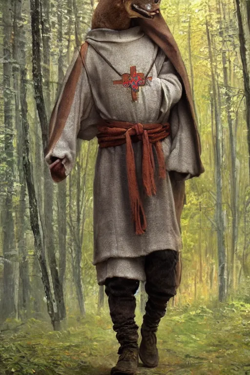 Prompt: slavic dog head man, woolen torso in medieval clothes, by whimmy artstation, walking in the forest, orthodox saint christopher, oil painting, concept art, hyperrealism, beautiful, high resolution, trending on artstation,