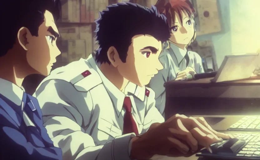 Image similar to film still anime angry realistic josef stalin trading bitcoin in front of computer, finely detailed features, closeup at the faces, perfect art, gapmoe yandere, trending on pixiv fanbox, painted by craig mullins makoto shinkai takashi takeuchi studio ghibli, akihiko yoshida,