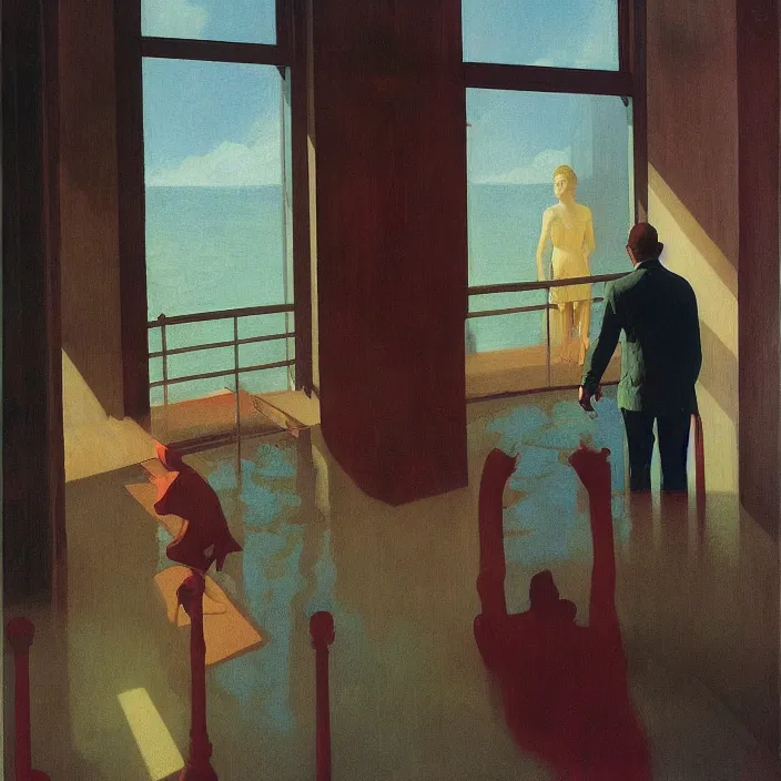 Image similar to fisheye lens, people inside water flooded museum, looking through the window Edward Hopper and James Gilleard, Zdzislaw Beksinski, highly detailed