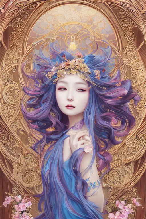 Image similar to breathtaking detailed painting by pilyeon and yuumei art, a full shot queen with long flowing bright blue hair, long dress and pastel flowers petals and golden tumultuous clouds, symmetrical facial features, at dawn in front of a pristine golden art nouveau cathedral, elegant, highly detailed, artstation, concept art, matte, sharp focus,