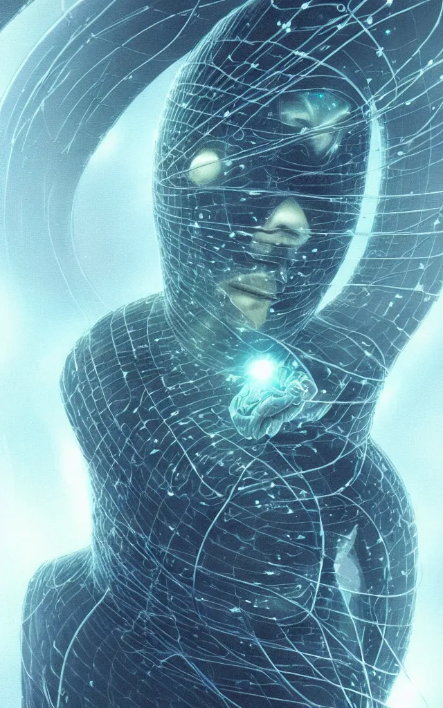 Image similar to human wrapped in a neural cyber cocoon plugged spirit machine, perfect future, award winning scifi art