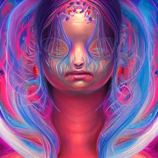 Prompt: kim petras, eyes closed, psychedelic kundalini awakening, transcending to a higher plane of existence, ethereal, multiverse, by android jones, by ben ridgeway, by ross draws, by noah bradley, by maciej kuciara, visionary art, artgerm, featured on artstation, cgsociety, greg rutkowski
