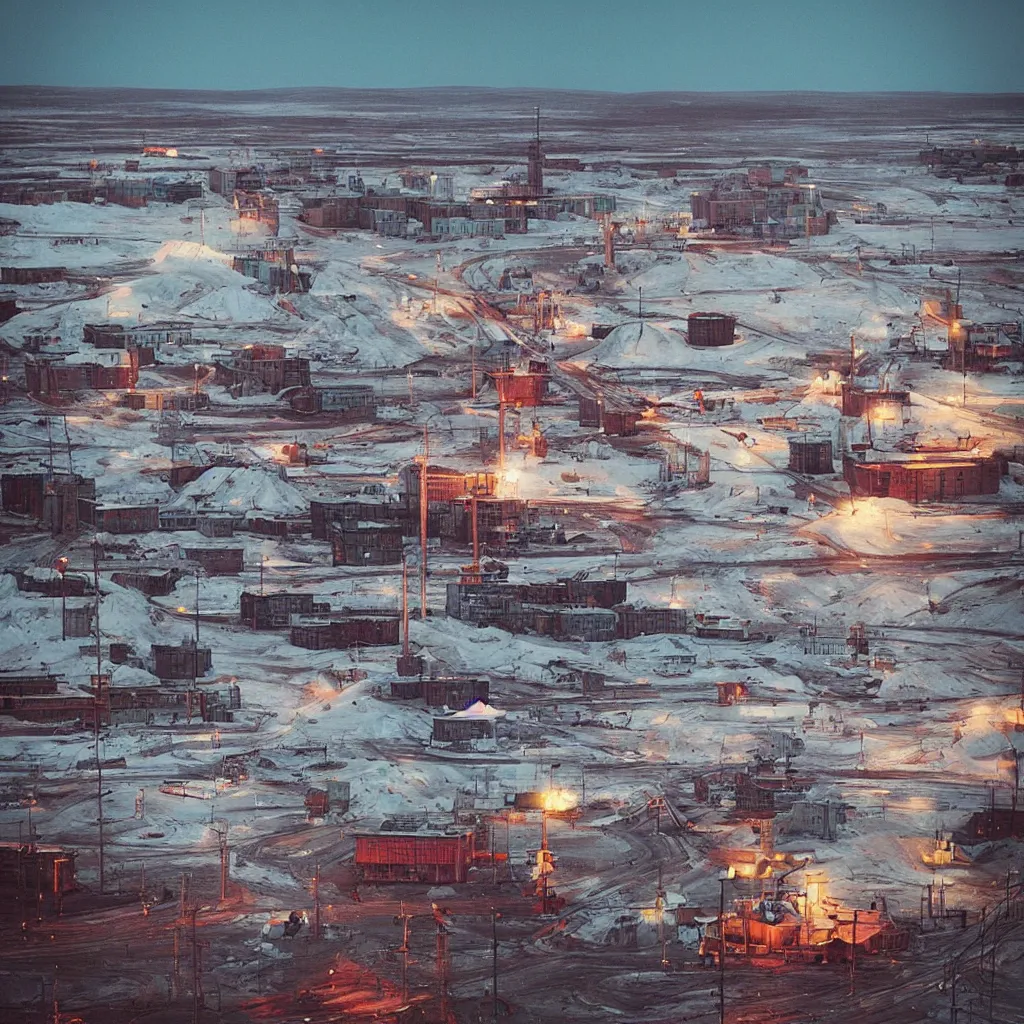 Image similar to “ retrofuturistic norilsk with cosmos on the background ”