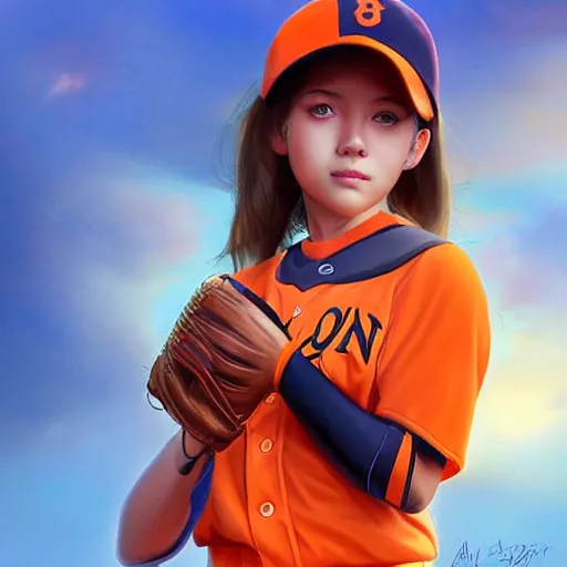 Prompt: A young girl with orange eyes wearing an orange baseball uniform, matte painting by Artgerm