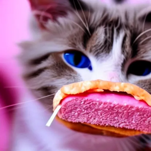 Image similar to photo of a pink cat, with a hamburger inside of it's mouth