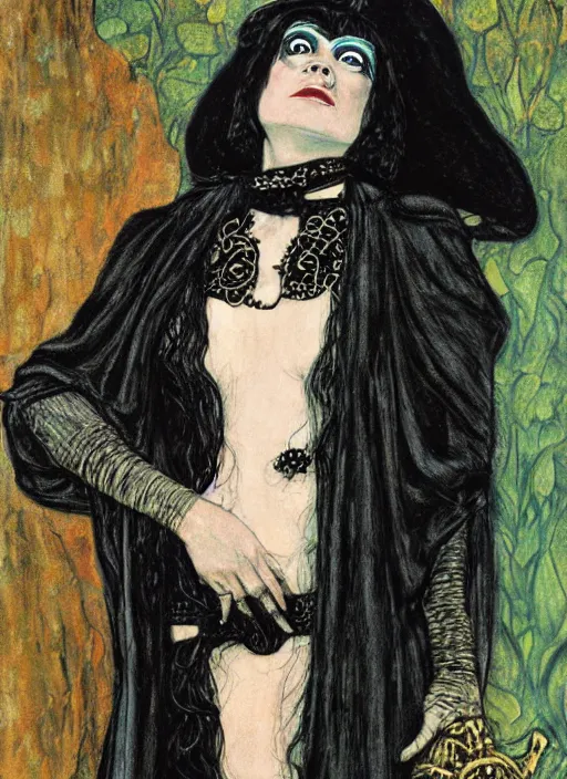 Prompt: painting of theda bara as a sorceress, wearing a black cloak, gothic, messy hair, in the styles of charles vess and gerald brom and gustav klimt