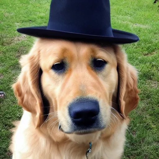 Image similar to a golden retriver dog wearing a fedora