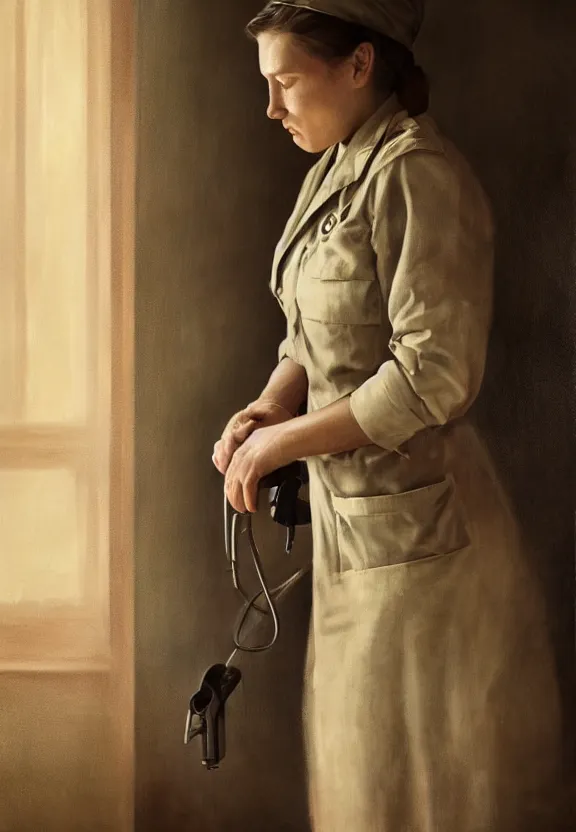 Image similar to a portrait of a tired female nurse in world war 2, 1 9 4 0 setting, sad colors, soft lighting, atmospheric, cinematic, moody, in the style of diego koi, gina heyer, luiz escanuela, art by alyssa monk, hyperrealism, rule of thirds, oil on canvas, 8 k