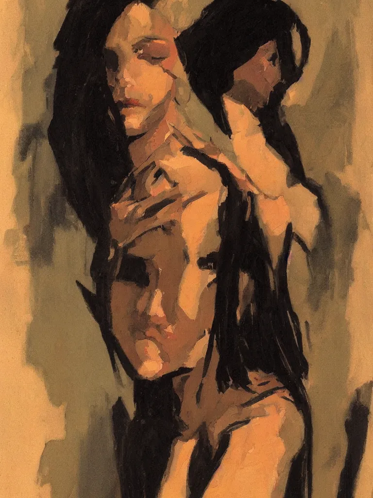 Image similar to portrait profile of one mysterious dark beautiful women in 1 9 7 8, oil painting by john watkiss