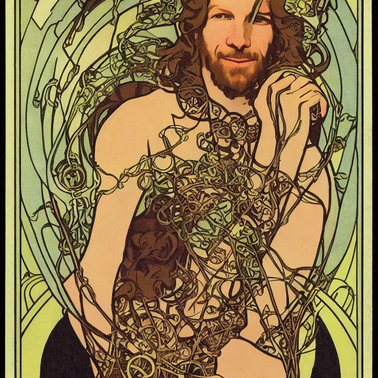 Prompt: fantasy art deco tarot card portrait of aphex twin by mucha