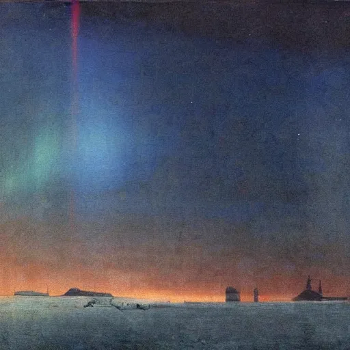 Image similar to the epic abstract painting'blue arctic void with black and red aurora borealis above a tiny inuit village ', by caspar david friedrich!!!, by rothko!!!, stunning masterpiece, trending on artstation