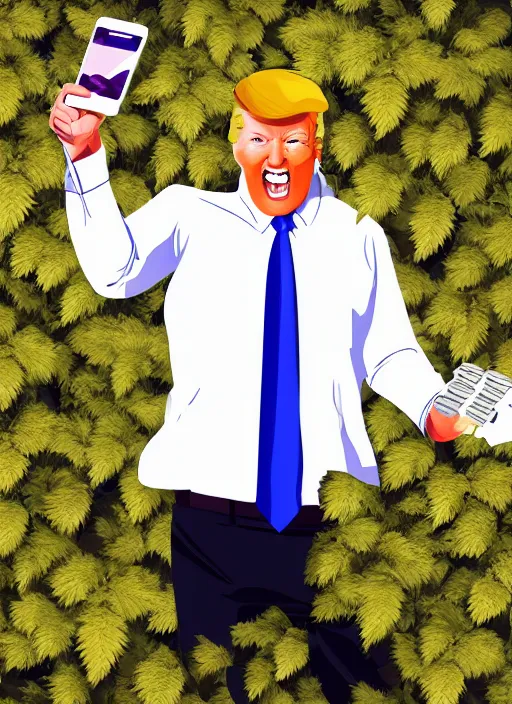 Prompt: digital portrait of a enthusiastic person looking like donald trump cultivating weed, holding pack of dollars in right hand, illustration realistic