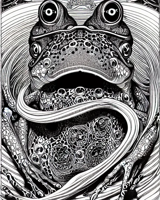 Image similar to hyper detailed illustration of a frog, intricate linework, lighting poster by moebius, ayami kojima, 9 0's anime, retro fantasy