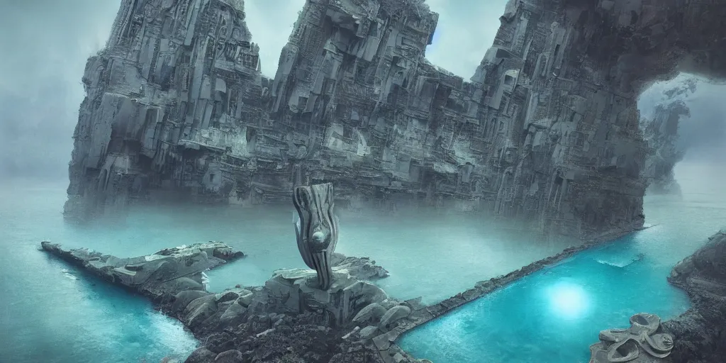 Image similar to artgem and Beeple masterpiece, hyperrealistic surrealism, scifi wide angle landscape, award winning masterpiece with incredible details, epic stunning, infinity pool, a surreal liminal space, highly detailed, trending on ArtStation, calming, meditative, surreal, sharp details, dreamscape, giant gold head statue ruins, crystal clear water