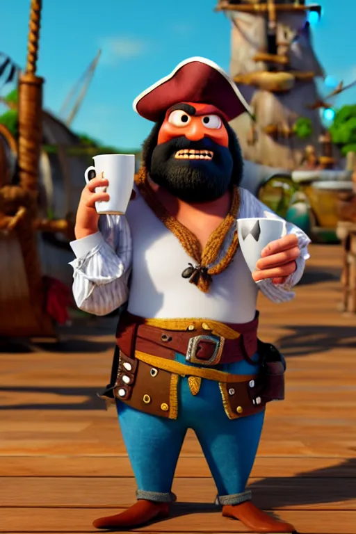 Prompt: the pirate blackbeard very expressive holding a cup of coffee, full body with a pirate ship on background. pixar disney 4 k 3 d render funny animation movie oscar winning trending on artstation and behance. ratatouille style.