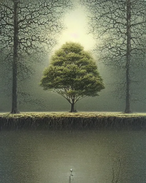 Image similar to a painting of a tree on a floating island, a surrealist painting by lee madgwick, deviantart, ecological art, oil on canvas, detailed painting, surrealist