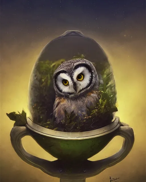 Image similar to long shot of a very cute owl chick nesting in a very futuristic cup, esao andrews, humorous illustration, hyperrealistic, big depth of field, warm colors, night scenery, low light, 3 d octane render, 4 k, conceptart, hyperdetailed, hyperrealistic, trending on artstation