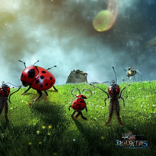 Image similar to promotional movie still, ladybugs, ladybug hybrids, ladybug hobbits, ladybug robots, space western, the fellowship of the ring ( film ), 3 d render