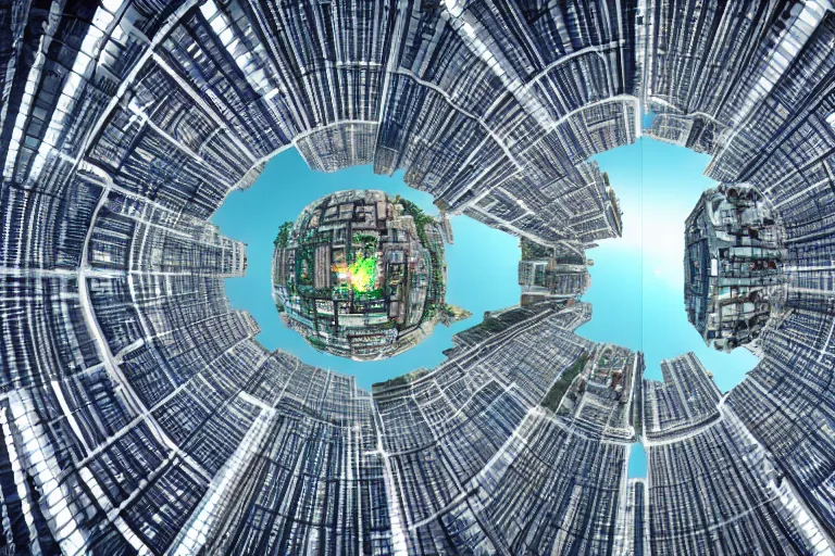 Prompt: futuristic upside down city on a tiny planet, 4 k, realistic, high detail