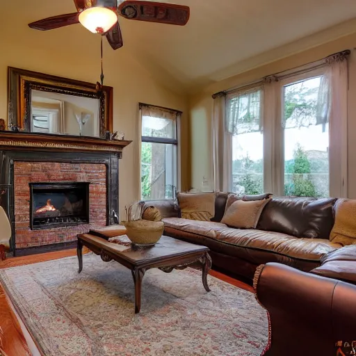 Prompt: a real estate home interior photo. the fireplace is a portal to hell and demons are lounging on the furniture