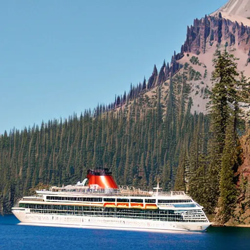 Prompt: a cruise ship in crater lake