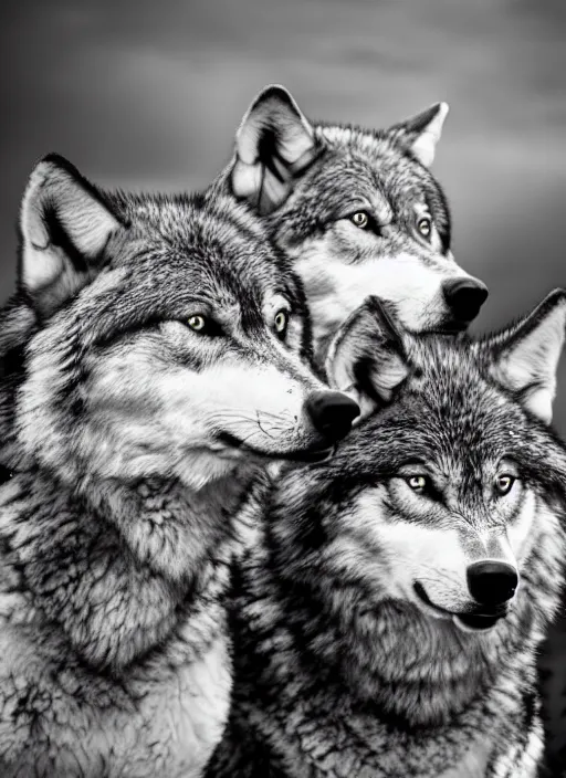 Image similar to two wolves black and white portrait white sky in background