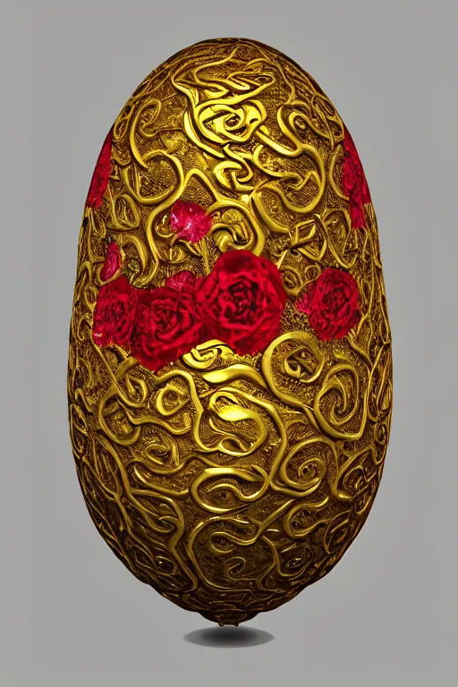 Image similar to a detailed glowing egg with swirls of red and blue emerging from the blossom of a metallic gold flower with tendrils of gold wrapping around the egg, an egg sitting on a rose made out of silver and gold, fantasy concept art, unreal engine 5, volumetric lighting, trending on artstation