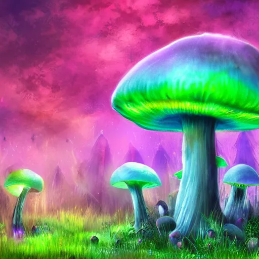 Image similar to forest of giant mushrooms with glowing caps and spores, dark lighting, teal and purple colors, fractal sky, moon beams, digital painting trending on art station
